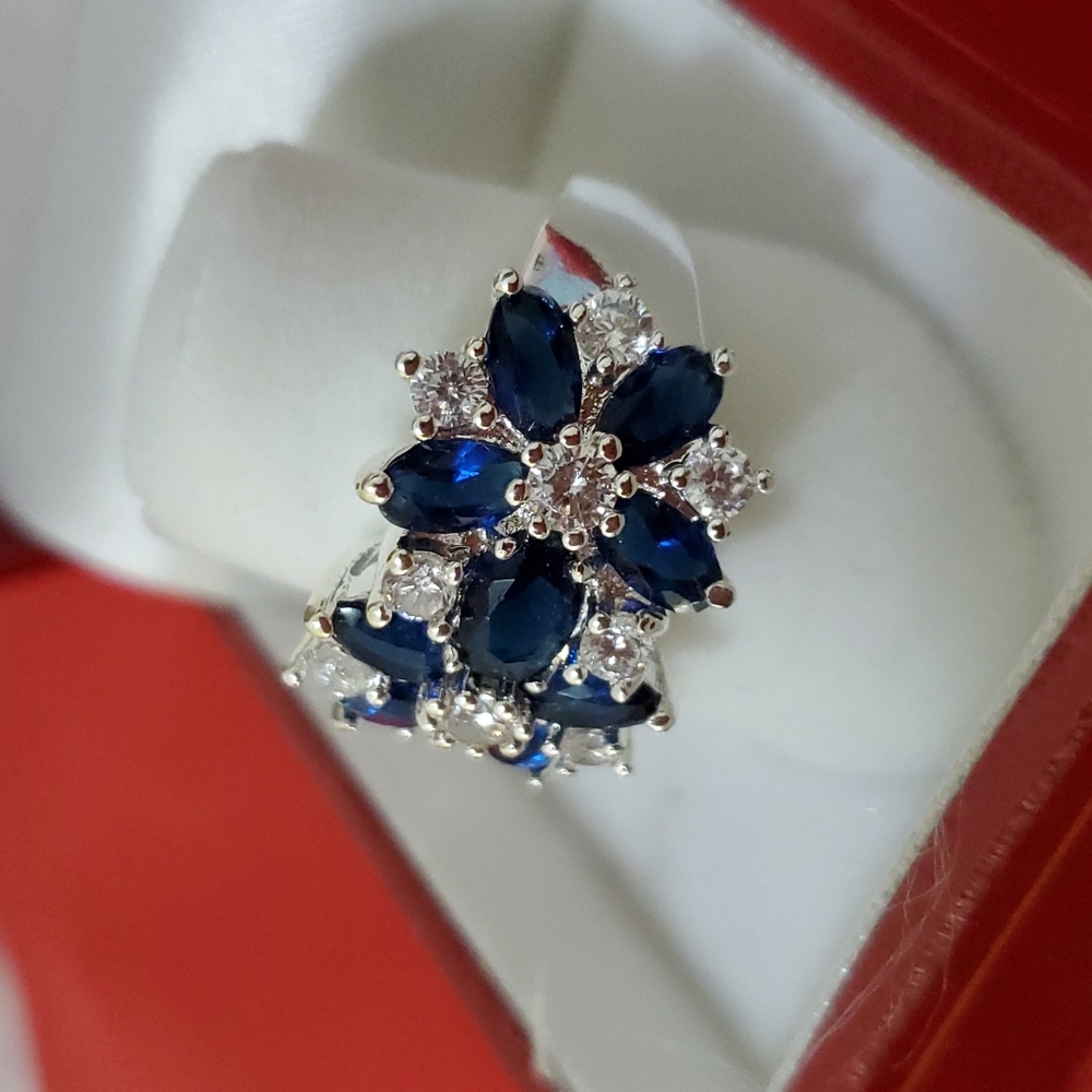 Sterling SilverBlue Sapphire Halo Women  Rings